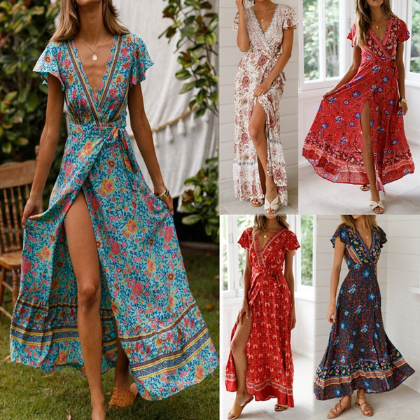 Women Short Sleeve V-neck Boho Floral Long Wrap Dress Casual Bohemian Split Maxi  Dress for Summer Beach Holiday | Wish